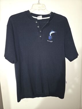 Men's Navy Short-Sleeve Henley with Marlin Embroidery